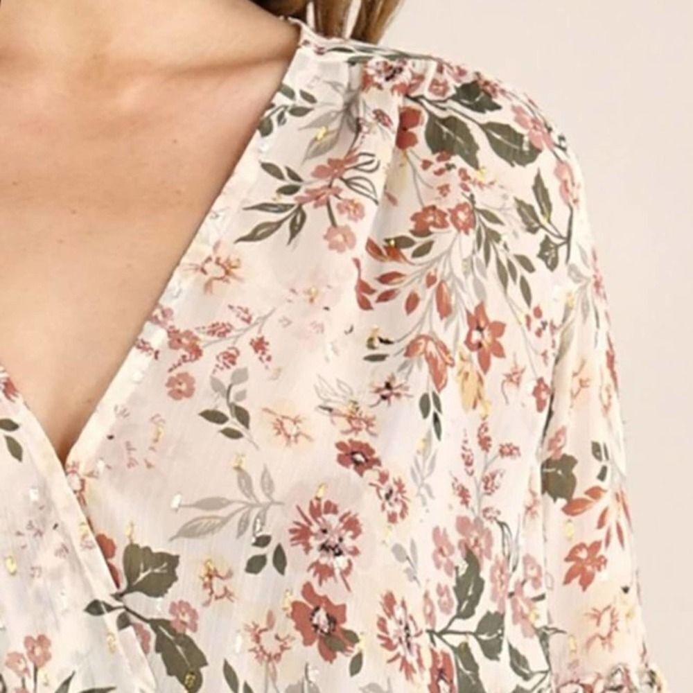 LOVESTITCH Floral Surplice Long Sleeve Tie Back Top Size Small - Picture 2 of 9